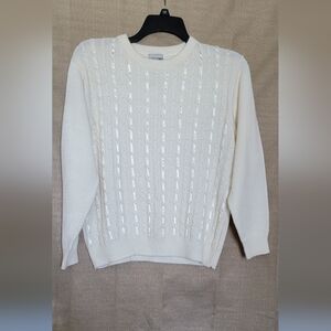 Alfred Dunner White Crew Neck Sweater with Ribbon & White Beads  Size L